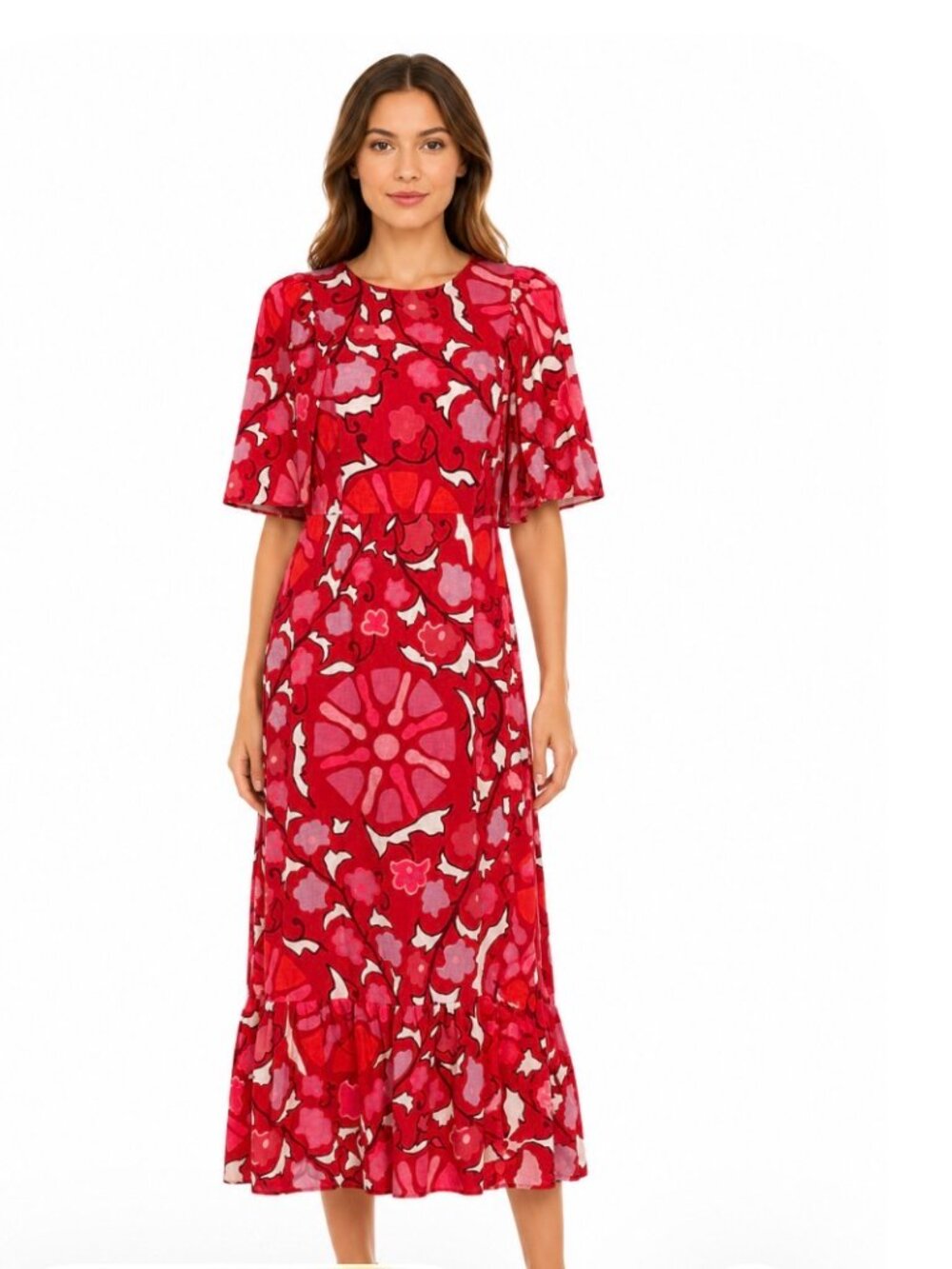 RHOODE Red Pink Floral Linen Blend Midi Maxi Dress Flutter Sleeve Size 8